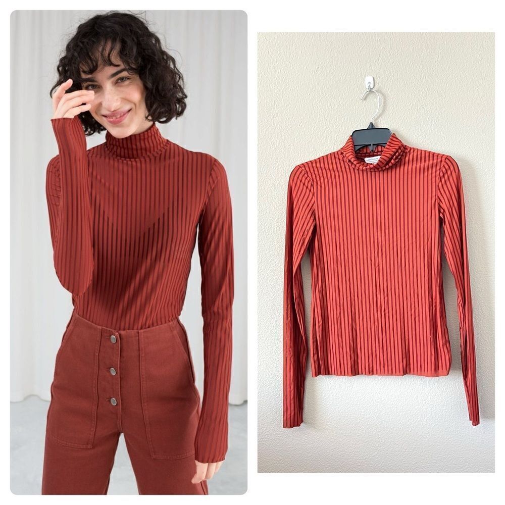 & Other Stories Orange Striped Sheer Turtleneck